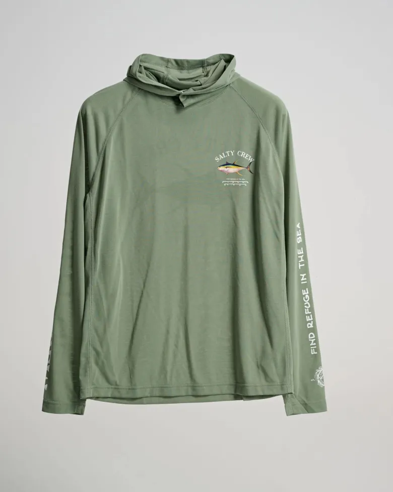 Salty Crew Long Sleeve Shirts Mens|Flies<Ahi Mount Hooded Sunshirt Sage Green