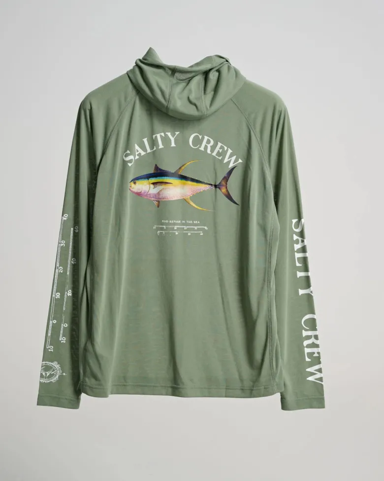 Salty Crew Long Sleeve Shirts Mens|Flies<Ahi Mount Hooded Sunshirt Sage Green